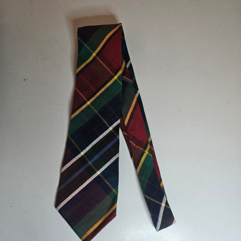 Vintage Rooster Mens Plaid Cotton Necktie Multi Color Made in USA Preppy Tie